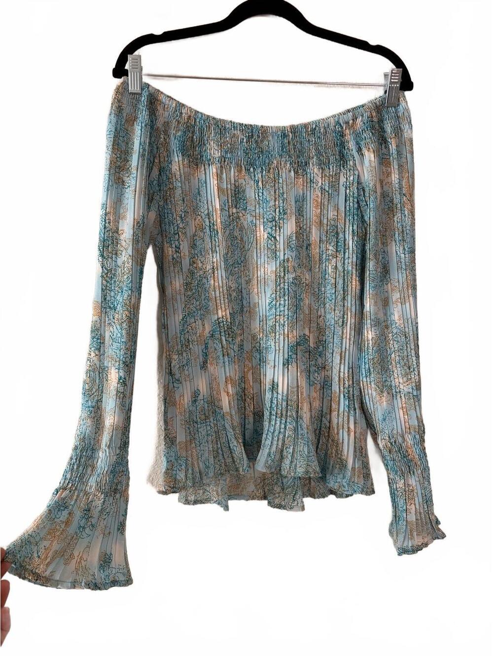 Vtg DRESS by Sharon Blouse Womens Size L Blue Off Shoulder Floral Smocked Top